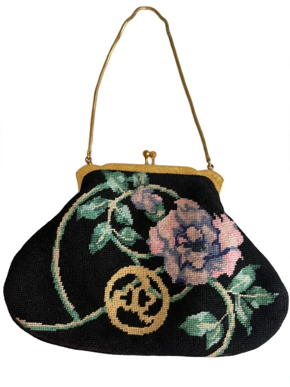 Vintage Elizabeth Turner Needlepoint evening bag black pink rose gold